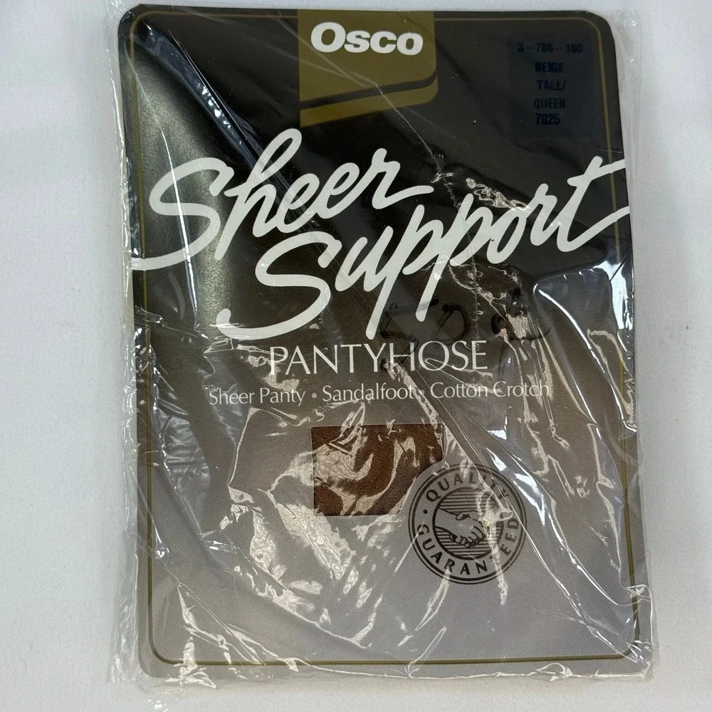 VTG Osco Sheer Support Pantyhose Beige Tall Queen Sandalfoot Cotton Crotch 7025
